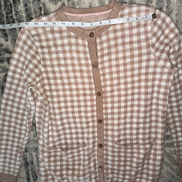 Size SIsaac Mizrahi Live! Gingham Jacquard Button Front Cardigan Cappuccino M - Picture 7 of 10